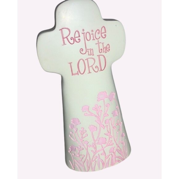 Religious Cross w/ Floral Pink Design and Inspirational Text Rejoice In The Lord - Picture 2 of 8